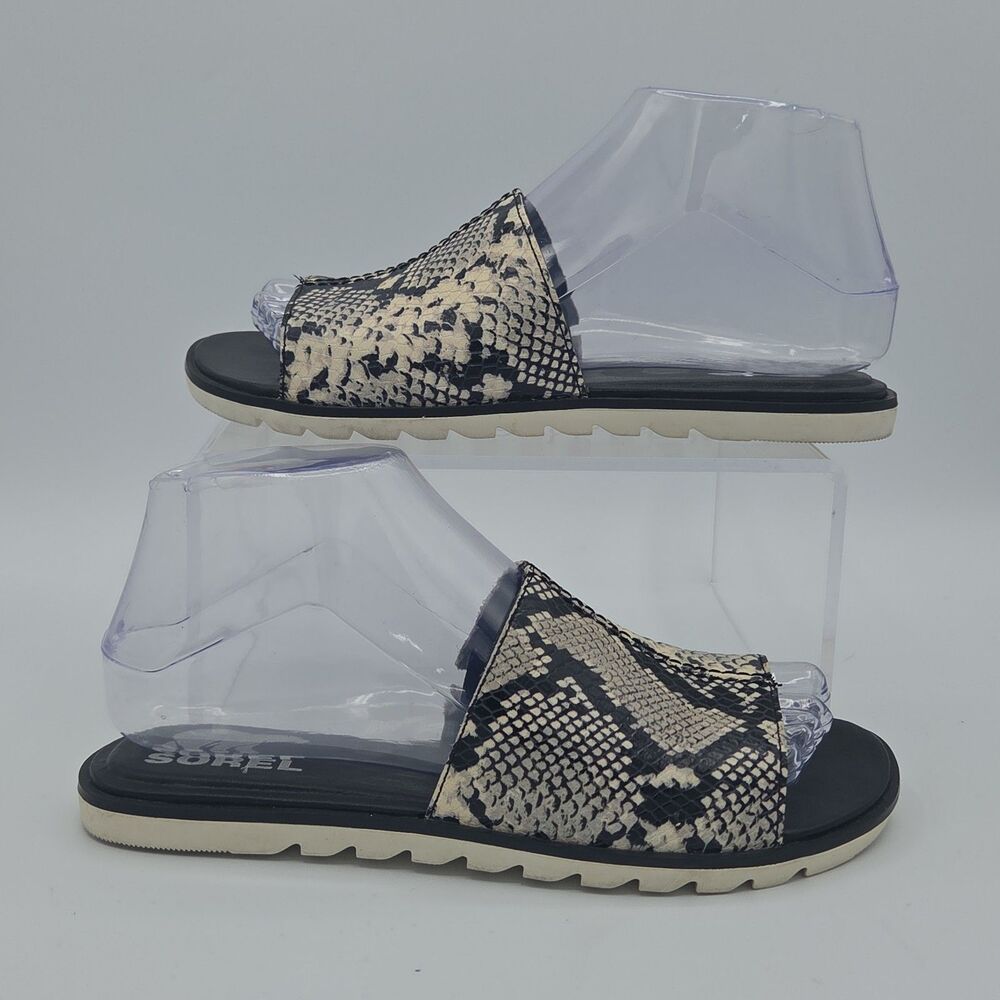 Sorel Ella II Block Slide Sandal Snakeskin Python Black Cream Flat Shoe Size 6